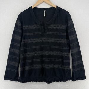 MURMUR Top M French Terry Argyle V-Neck Fringe Hem Long Sleeve Cotton Black